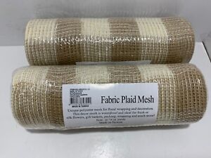 Lot of 2  Fabric Plaid Deco Mesh Tan and Natural 10" x 10 Yds
