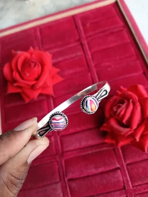 Winter Rainbow Calsilica Gemstone 925 Streling Silver Plated Cuff Bangal 1pcs - Image 1 of 3