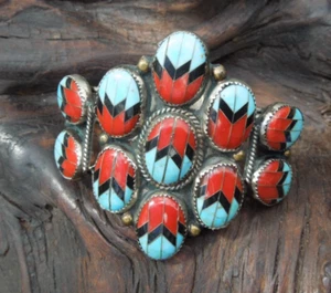 Vintage Navajo O. Moses Nickel Silver Turquoise Coral Onyx Cuff Bracelet - Picture 1 of 10