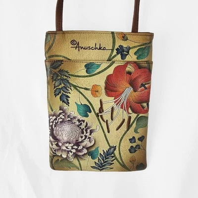 Anuschka Mini Double Zip Travel Crossbody Tan Floral Bag - Image 1 of 3