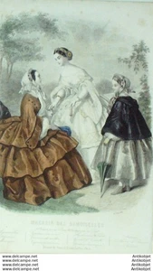 Gravure Mode Magasin Demoiselles 1857 #  8 (aquarellee Old Fashion plate) - Imagen 1 de 1