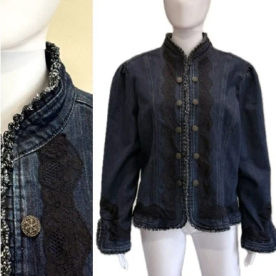 Live a Little Dark Denim Lace Embroidered Ruffle Trim Military Jacket Size XL - Image 1 of 4