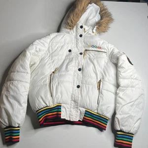 Coogi Damen weiße Steppjacke Kunstfell Kapuze Logo Stickerei Gr. L - Bild 1 von 12