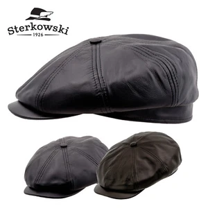 Sterkowski MALONE berretto piatto in pelle Gatsby Newsboy guida vintage nero/marrone - Foto 1 di 9