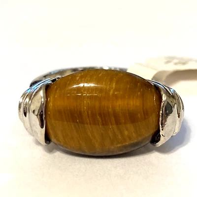 Anillo de cóctel vintage ojo de tigre piedra enchapado en plata talla 8 marrón tostado Foto 1 de 4