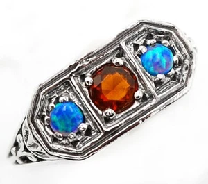1CT Natural Fire Garnet & Opal 925 Sterling Silver Filigree Ring Sz 8 FT1 - Picture 1 of 4