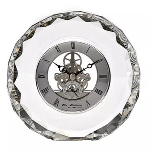 Wm. Widdop K9 Crystal Glass Round Mantel Desk Clock Skeleton Dial - Picture 1 of 24