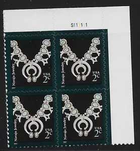 US Scott #3753, Plate Block #S111111 2007 Navajo Necklace 2c VF MNH Upper Right - Picture 1 of 1