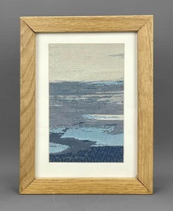 DISTANT HAZY COASTLINE WOVEN TEXTILE ART Mounted in Wooden Frame 20.5cm x 15.5cm - Picture 1 of 2