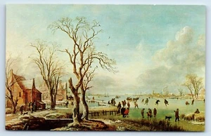Deportes de invierno en un canal congelado pintura Aert Van der Neer patinaje sobre hielo postal - Imagen 1 de 2
