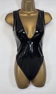 Oh Polly Skin Deep Plunge Neck Vinyl Bodysuit Black Patent UK 8 - Picture 1 of 11