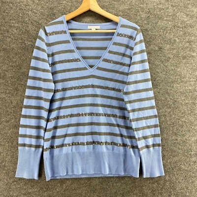 New York & Company Sweater Pullover Women M Medium Blue Striped Knit Sequin - Image 1 of 4