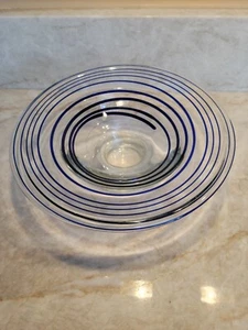 Art Glass Pedestal Candle  Bowl Clear With Blue Swirl Ribbon - Picture 1 of 6
