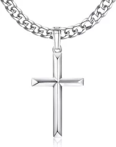 925 Sterling Silver Cross Necklace For Men With Stainless Steel Silver Cuban Cha - Picture 1 of 6