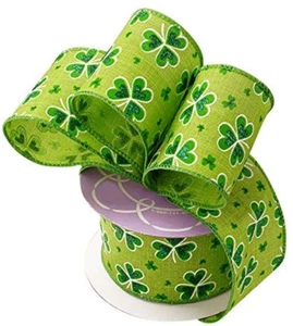 St Patrick's Day Wired Ribbon - 2 1/2" x 10 Yards, Glittery Green Shamrocks - Picture 1 of 2