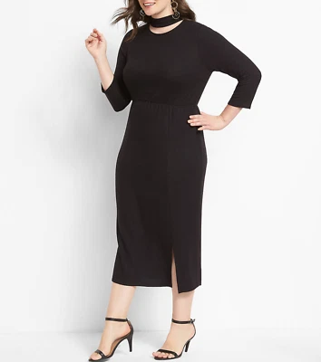 VESTIDO MIDI LANE BRYANT MUJER NEGRO CUELLO SIMULADO MANGA 3/4 DETALLE RECORTADO Talla 22/24 Foto 1 de 3