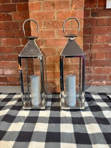 Large Stainless Steel Candle Lantern x2 with 22.5cm Grey Pillar Candles - Picture 1 of 5