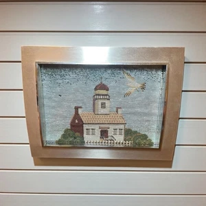Framed Lighthouse Needlepoint Wall Art Silver Frame 8.25x6.5" Coastal Decor - Picture 1 of 5