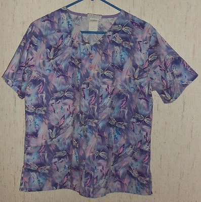 WOMENS White Swan "Dragonflies" PURPLE NOVELTY PRINT SCRUBS TOP  SIZE S - Image 1 of 2
