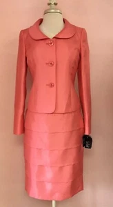 NEW $200 Le Suit 8P Pretty Coral Satin Tiered Skirt Jacket Womens Designer Suit - Picture 1 of 11