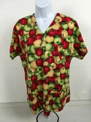 Handmade Womens Scrub Top Size M Red Green Yellow Apples V neck Pockets - Image 1 of 4