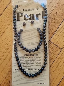 Genuine Pearl Parure Black Peacock Pearl Necklace Bracelet Earrings Set NEW - Picture 1 of 5