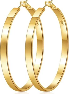 Hoop Earrings Large 14K Real Gold Plated Hypoallergenic 925 Silver Big 50mm - Picture 1 of 6