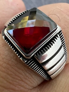 Mens Real 925 Sterling Silver Simulated Ruby Red CZ Gem Stone Pinky Ring Sz 7-13 - Picture 1 of 12
