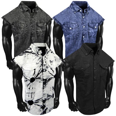 Twill Western Shirt Sleeveless Biker Mens Workwear Cotton Button Pockets Stretch - Image 1 of 2