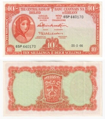 Ireland Central Bank 10 Shillings Banknote (1966) BYB: E074 - aUNC - Image 1 of 3