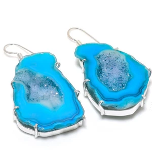 Pendientes colgantes enchapados en plata con piedras preciosas druzy geoda ágata azul joyería 2" - Imagen 1 de 1