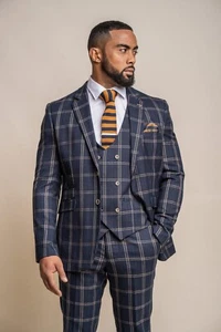 Cavani Men's Vintage Slim Fit Suit Navy Windowpane Check Peaky Blinders RRP £230 - Picture 1 of 10