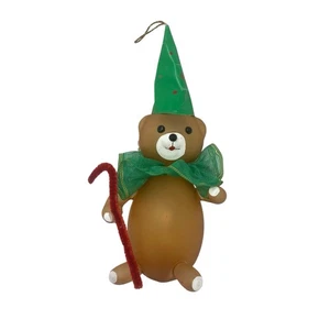 Vintage De Carlini Clown braun Teddybär mit grüner Schleife Hut Ornament Glas - Bild 1 von 10