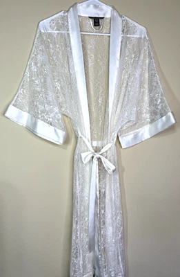 Victoria's Secret Womens XS/Small Sheer Lace Satin Robe White Cream Satin Bridal - Image 1 of 4