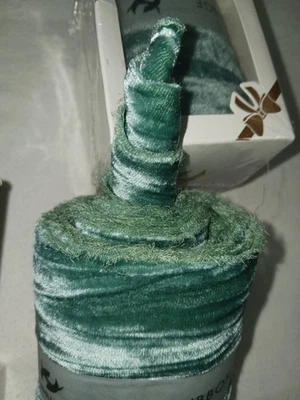 Dusty Green Velvet Ribbon - 3 Inch Frayed Handmade Fringe. 2 Rolls. New Boxed.  - Image 1 of 4