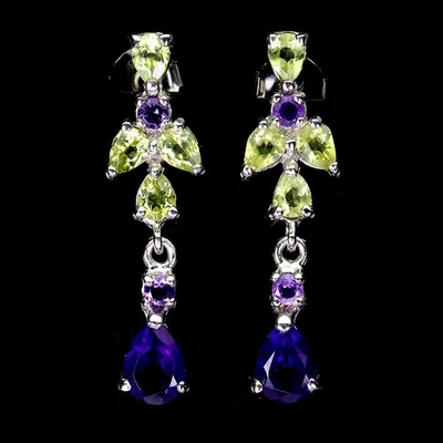 925 Sterling Silver Earrings Pear Amethyst 7x5mm Peridot Gemstone Jewelry - Image 1 of 4