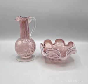 VTG Lefton Swirl Lilac Purple White Glass Pitcher Vase & Bowl Set Murano Style - Picture 1 of 8