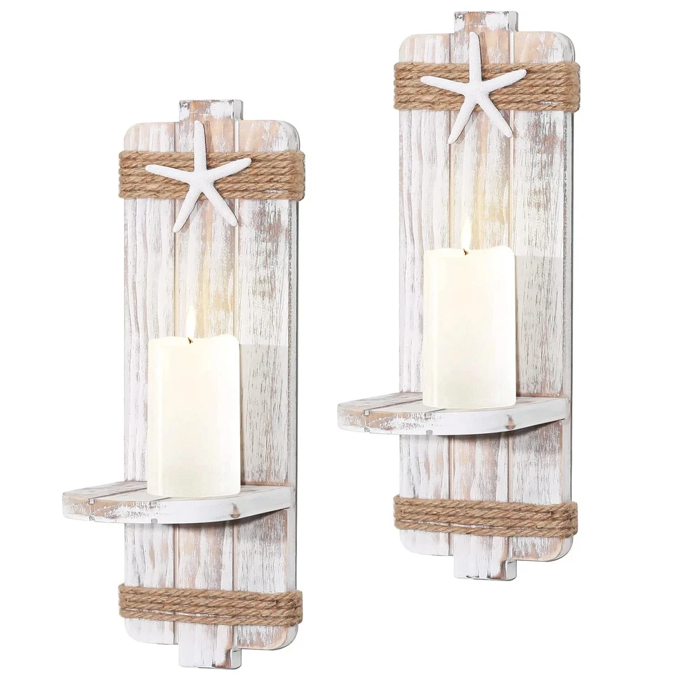 Juego de 2 apliques de velas de pared con estrellas de mar desvestidas - Decoración de playa temática de océano con... Foto 1 de 4