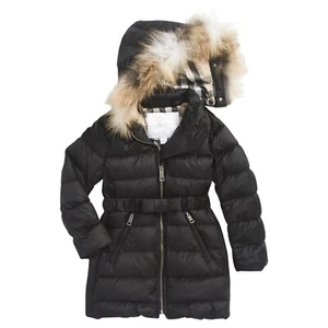 NWT 100% AUTH Burberry Big Girls Janie Black Fox Hood Bow Belt Puffer Jacket 14 - Picture 1 of 10