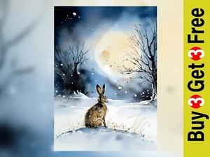 Moonlit Winter Hare 5"x7" Print on Matte Paper | Magical Snowy Night Painting - Picture 1 of 18