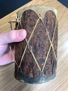 Vintage Native American Indian Wood Log Rawhide Stretched Drum 6 1/2" x 4" - Picture 1 of 10