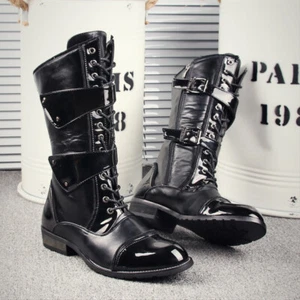 Men's Classic British Style Lace Up Pointy Toe Mid-Calf Biker Boots Side Zipper - Picture 1 of 15
