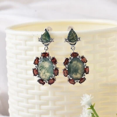 NATURAL MOSS AGATE AND GARNET RHODIUM PLATTED 925 SILVER EARRINGS JEWELRY GIFT - Image 1 of 4