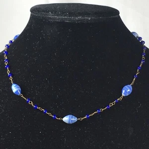 Girocollo in vetro fusibile artistico blu vintage collana di perline lavorazione a lampada 17" - Foto 1 di 18