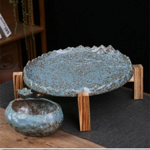 Ceramic Stoneware Kungfu Gongfu Tea Tray With Flow Wtaer Storage Bowl Wood Stand - Picture 1 of 14