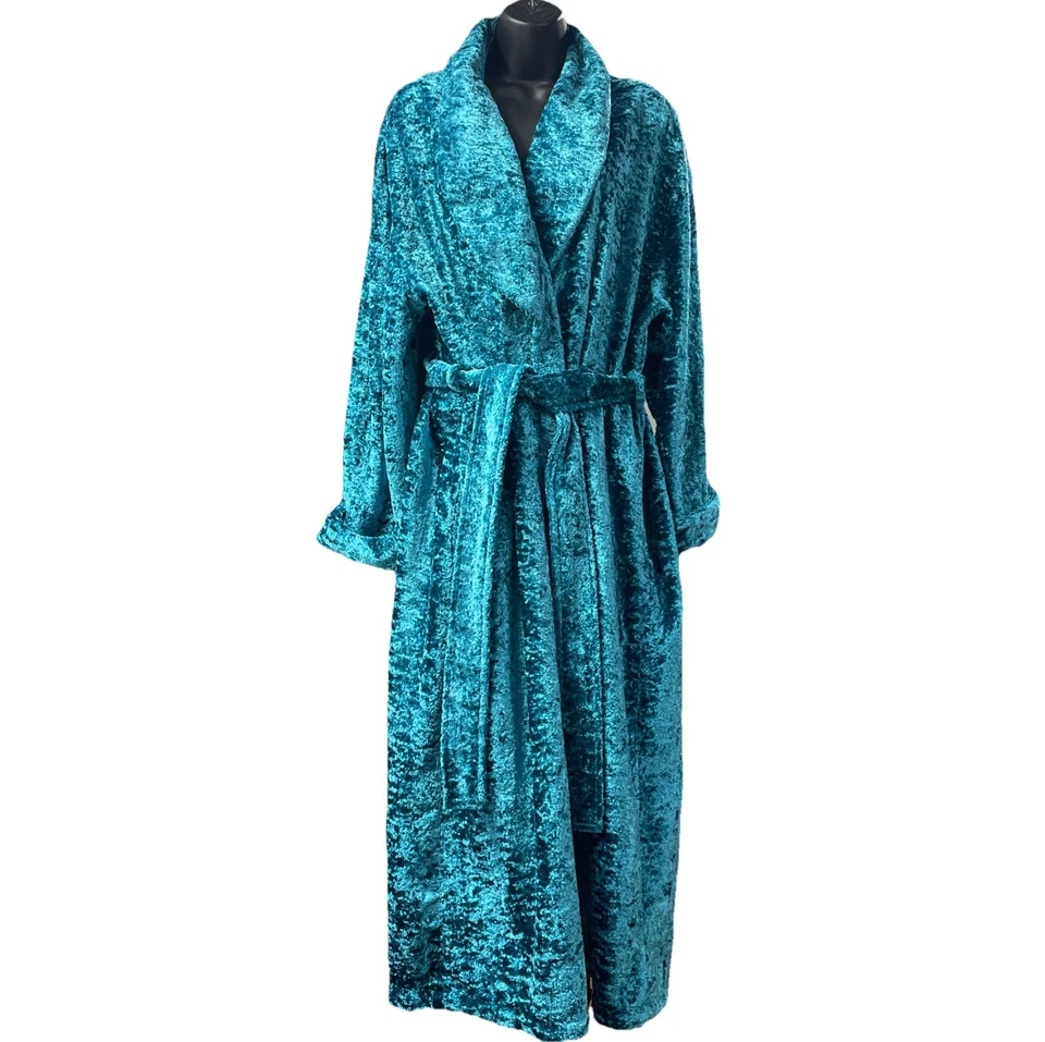 De Colección Delicada Bata Terciopelo Aplastado Azul L Bolsillos Cinturón Lujo Elegante Acogedora Pesada Foto 1 de 4