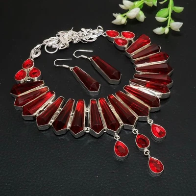 Mozambique Garnet Gemstone 925 Sterling Silver Jewelry Necklace+Earrings VJ 11 - Image 1 of 4