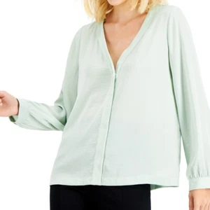 Camicetta donna Alfani XL scollo a V bottoni davanti verde acqua schiuma maniche lunghe - Foto 1 di 9