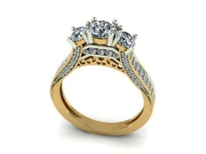 3 Stone Ring Wedding Band Filigree I1 G 1.50 Ct Round Diamond 14K Two-Tone Gold - Picture 1 of 9
