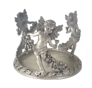 Partylite Pewter 3" Pillar Candle Holder Victorian Cherub Trio w/ Holly Garland - Picture 1 of 9